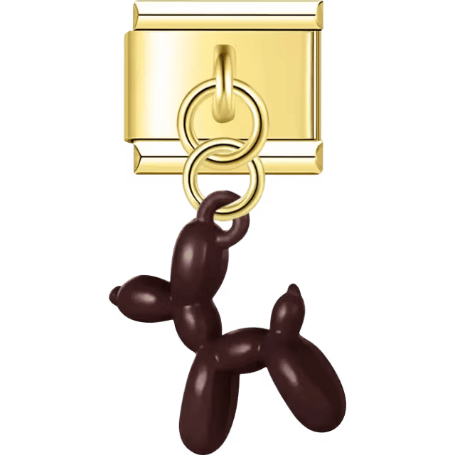 Gold Italian charm dangle with a brown balloon dog figurine hanging from two gold rings.